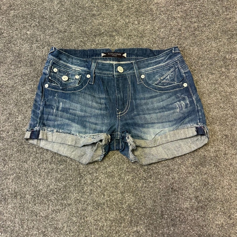 Vigoss Denim Shorts Womens Size 3/4 Blue Cuffed Low Rise Flap Pocket Distressed